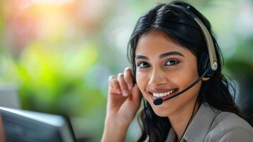 ai generiert indisch weiblich Kunde Unterstützung Agent Telefon Operator im Headset . ai generiert foto