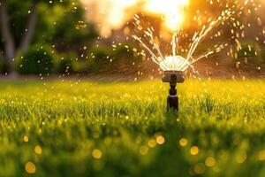 ai generiert Bewässerung das Rasen Gras im das Park Wasser spritzt gegen das Hintergrund von das Sonne generativ ai foto