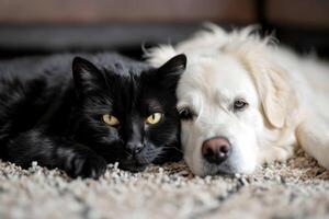 ai generiert Weiß Hund und schwarz Katze suchen beim das Kamera Lügen zusammen auf das floor.ai generativ foto