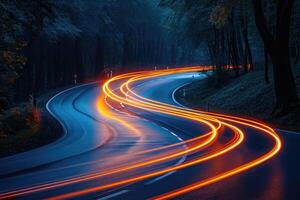 ai generiert bunt Licht Wanderwege Auto mit Bewegung Wirkung. Illustration von hoch Geschwindigkeit Licht bewirken auf Wald Hintergrund. generativ ai. foto