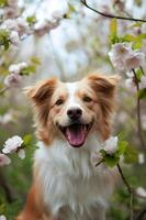ai generiert Frühling wedeln ein schön Banner mit ein glücklich Hund im Natur foto