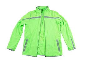 Sportjacke isoliert, grüne Jacke zum Laufen oder Radfahren auf weißem Hintergrund - Reflektoren auf der Jacke foto