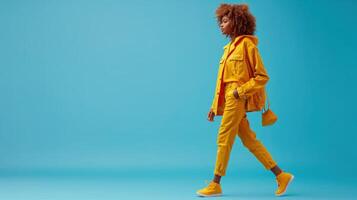 ai generiert voll Länge Porträt von stilvoll afrikanisch amerikanisch Frau im Gelb Jacke Gehen und suchen Weg auf Blau Hintergrund foto