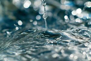 ai generiert Wasser fallen schließen hoch. Spritzen bewirken nach Kollision ein fallen Tropfen mit Wasser Oberfläche foto