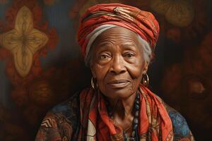 ai generiert Porträt von ein alt afrikanisch amerikanisch Frau im traditionell ethnisch Kleidung und Kopfschmuck foto