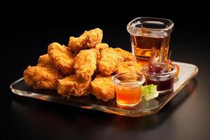 ai generiert hyperrealistisch Hähnchen Nuggets auf ein Glas Tablett foto