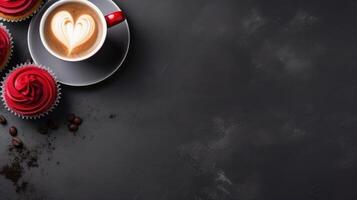 ai generiert Tasse von Kaffee und Süss Cupcake Über Tafel Hintergrund mit Exemplar, Valentinstag Konzept foto