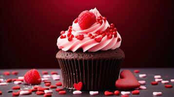 ai generiert schließen oben köstlich Cupcake zum Valentinstag Tag auf rot Bokeh verwischen Hintergrund foto