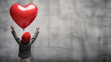 ai generiert zurück Aussicht von ein Kind erziehen Waffen mit rot Liebe Valentinstag Herz geformt Ballon isoliert auf grau Hintergrund foto