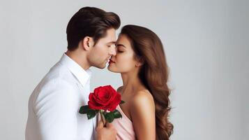ai generiert schön glücklich schön Paar sind küssen auf Weiß Hintergrund, Valentinstag Konzept foto