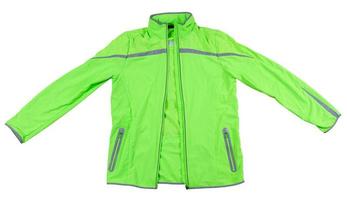 Sportjacke isoliert, grüne Jacke zum Laufen oder Radfahren auf weißem Hintergrund - Reflektoren auf der Jacke foto