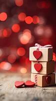 ai generiert Herz Symbol auf hölzern Blöcke auf Valentinstag verwischen Bokeh Hintergrund zum Sozial Medien online Der Umsatz foto
