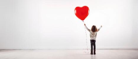ai generiert zurück Aussicht von ein Kind erziehen Waffen mit rot Liebe Valentinstag Herz geformt Ballon isoliert auf Weiß Hintergrund foto