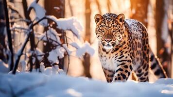 ai generiert schön Amur Leopard im schneebedeckt Wald beim Sonnenuntergang. Tierwelt Szene von Natur. foto