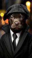ai generiert Hündchen im ein Anzug, binden, und Hut auf ein Stadt Hintergrund. Gangster Stil. adrett Hund. Spaß und Haustier Konzept. foto