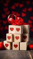 ai generiert Herz Symbol auf hölzern Blöcke auf Valentinstag verwischen Bokeh Hintergrund zum Sozial Medien online Der Umsatz foto