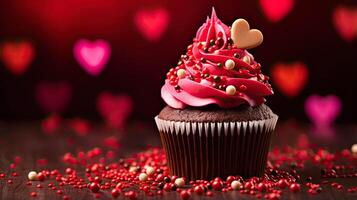 ai generiert schließen oben köstlich Cupcake zum Valentinstag Tag auf rot Bokeh verwischen Hintergrund foto