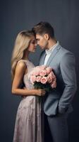 ai generiert schön glücklich schön Paar sind küssen auf grau Hintergrund mit Rose Strauß Valentinstag Konzept foto