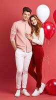ai generiert heiter jung Paar mit Herz geformt Luftballons auf rot Hintergrund, Valentinstag Konzept foto