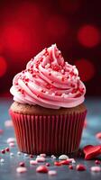 ai generiert schließen oben köstlich Cupcake zum Valentinstag Tag auf rot Bokeh verwischen Hintergrund foto