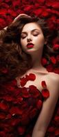 ai generiert Dame im ein rot Kleid Lügen auf das Fußboden mit rot Rose Blütenblätter Hintergrund im Valentinstag Tag Konzept foto