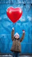 ai generiert Vorderseite Aussicht von ein Kind mit rot Valentinstag Herz geformt Ballon auf Blau Mauer Hintergrund foto