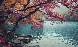 ai generiert Herbst Fluss Landschaft. Wald Fluss im Herbst Natur. foto