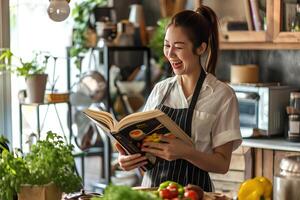 ai generiert Kochbuch Freude lesen mit Aufregung zum das Liebe von Kochen foto