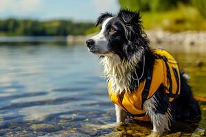 ai generiert Collie durch das Küste stilvoll Sicherheit tragen zum Wasser Unternehmungen foto