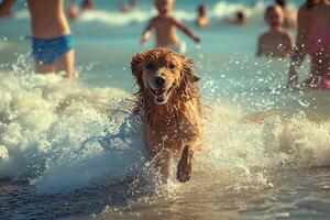 ai generiert Sommer- spritzt Hunde Beitritt Kinder im Welle Freude foto