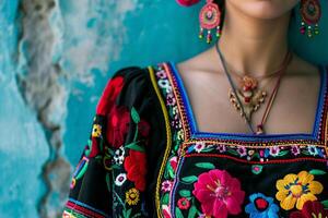 ai generiert strahlend Eleganz Frau im bunt Mexikaner inspiriert Kleidung foto