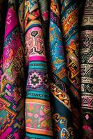 ai generiert ethnisch Opulenz Maximalist Pracht im reich farbig Textil- Muster foto