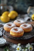 ai generiert Zitrone Liebe gezuckert Donuts mit pikant Frühling Quark Füllung foto