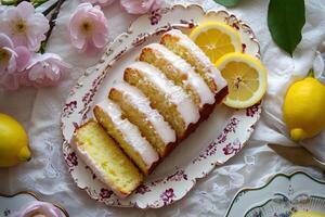 ai generiert Frühling Einfachheit Zitrone Pfund Kuchen Scheiben mit farmcore schick foto