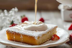 ai generiert Süss Tradition authentisch tres Blutegel Kuchen, ein Mexikaner Dessert Freude foto