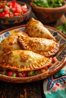 ai generiert fruchtig Freude Mexikaner mit Früchten gefüllt Empanadas auf ein Volk Hintergrund foto