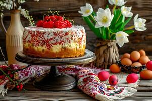 ai generiert kulinarisch Erbe elegant Volk Präsentation von traditionell Russisch Dessert foto