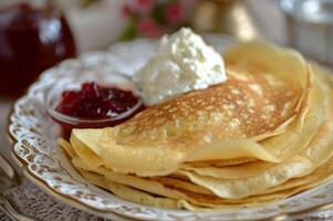 ai generiert kulinarisch Erbe elegant Volk Präsentation von traditionell Russisch Dessert foto