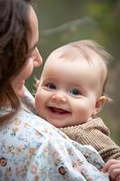 ai generiert Momente von Mutterschaft Glückseligkeit Nahansicht von ein Babys strahlend Lächeln foto