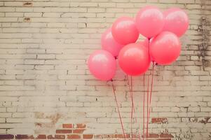 ai generiert städtisch schick Kaugummi Rosa Luftballons knallen gegen ein Backstein Mauer foto