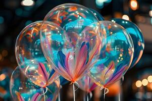 ai generiert gefiedert launisch transparent Luftballons gefüllt mit bunt Federn foto