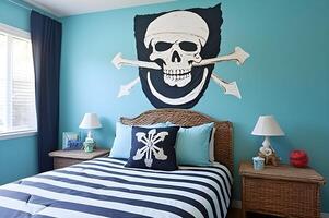 ai generiert abenteuerlich Träume süß und maritim inspiriert Pirat Zimmer zum Kinder foto