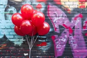 ai generiert städtisch Stimmung Luftballons im ein Bündel knallen gegen ein beschwingt Graffiti Mauer foto