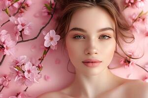 ai generiert Frühling blühen Schönheit Frau im Pastell- Rosa Blumen- Banner foto