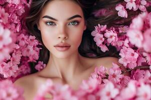 ai generiert Frühling blühen Schönheit Frau im Pastell- Rosa Blumen- Banner foto