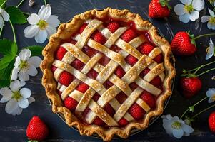 ai generiert Frühling Freude Overhead Aussicht von ein klassisch Erdbeere Kuchen mit Gitter Kruste foto