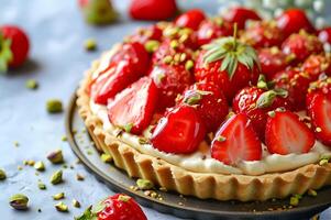 ai generiert Frühling Pracht schön Erdbeere Kuchen, ein herrlich Dessert foto