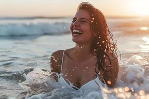 ai generiert Küsten Glückseligkeit Frau blühend durch das Strand im ein Leben und Natur Banner foto