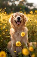 ai generiert Frühling wedeln ein schön Banner mit ein glücklich Hund im Natur foto