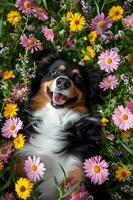 ai generiert Frühling wedeln ein schön Banner mit ein glücklich Hund im Natur foto